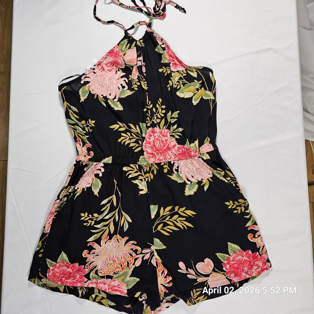 Angie Floral Halter Romper Women’s Large Boho Black Pink Summer‎ NWT